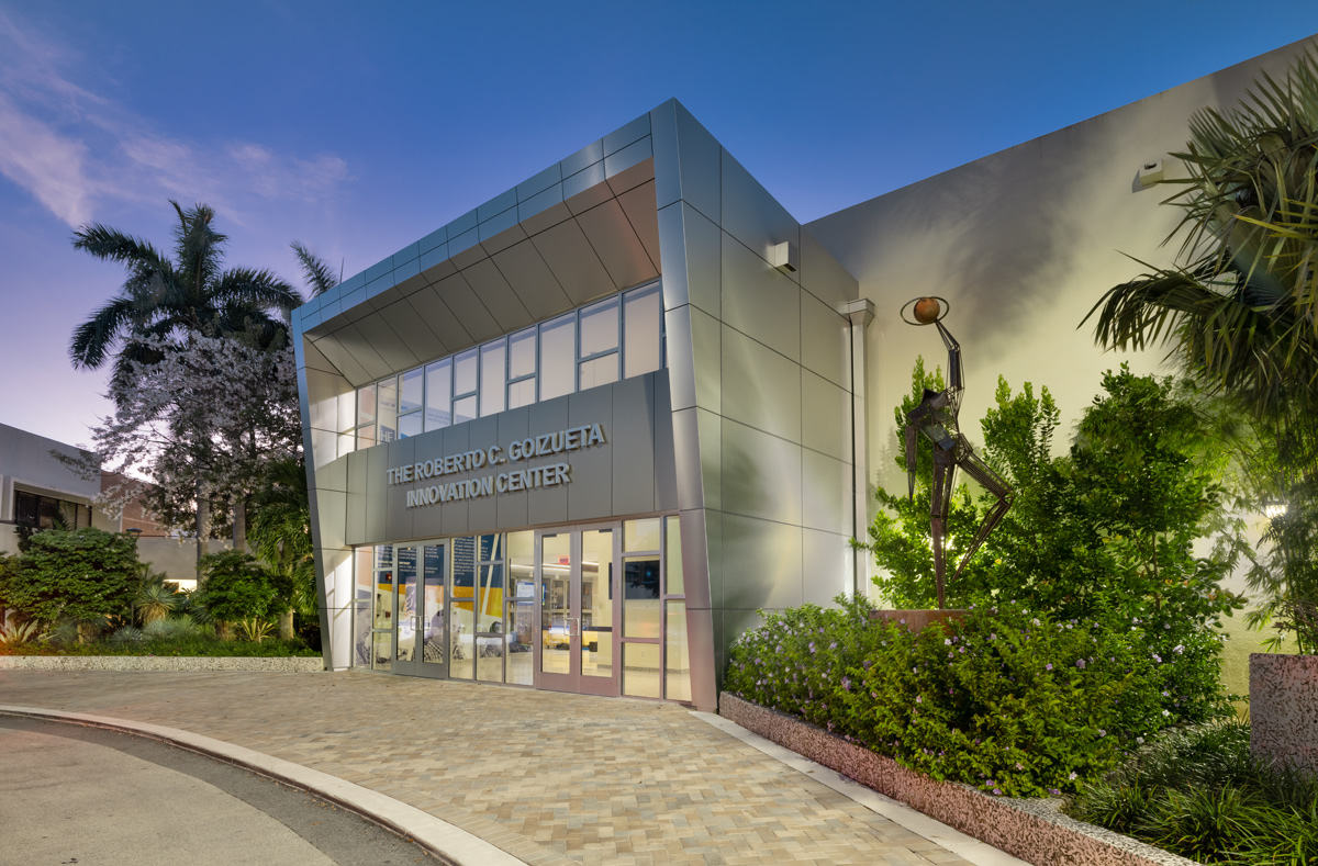 Dusk exterior of Belen Jesuit Innovation Ctr in Miami, FL.